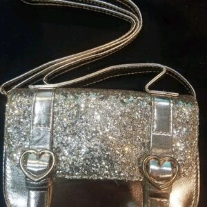 Claire's Silver Glitter Crossbody Bag with Heart Accents